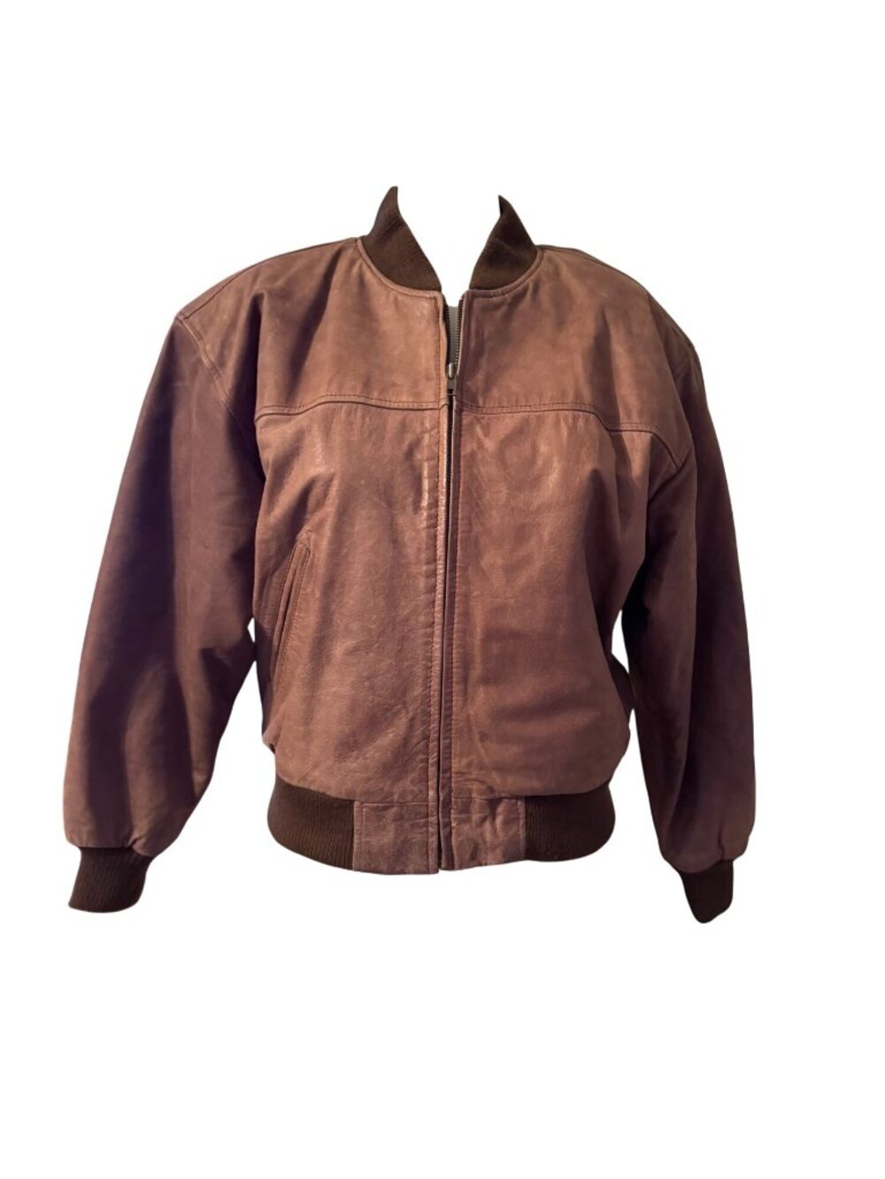 SSatori Genuine Leather Bomber Jacket Brown Ribbed Collar & Cuffs - Picture 11 of 12